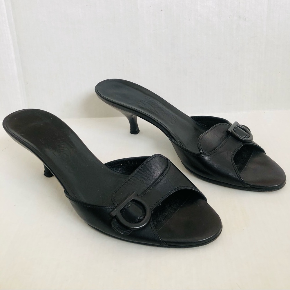 Salvatore Ferragamo Black Leather Kitten Heel Slide Mules with Buckle